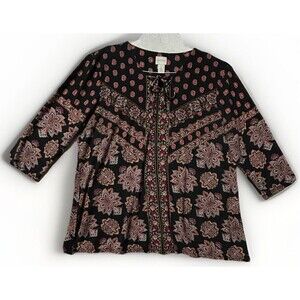 Chico's Black Paisley, 3/4 Sleeve Front Tie Top Chico’s Size 2 (12) Boho Peasant